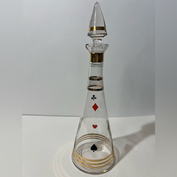 VTG Glass Carafe W/ Stopper Decanter Poker Cards Gold Accents MCM - Picture 2 of 12
